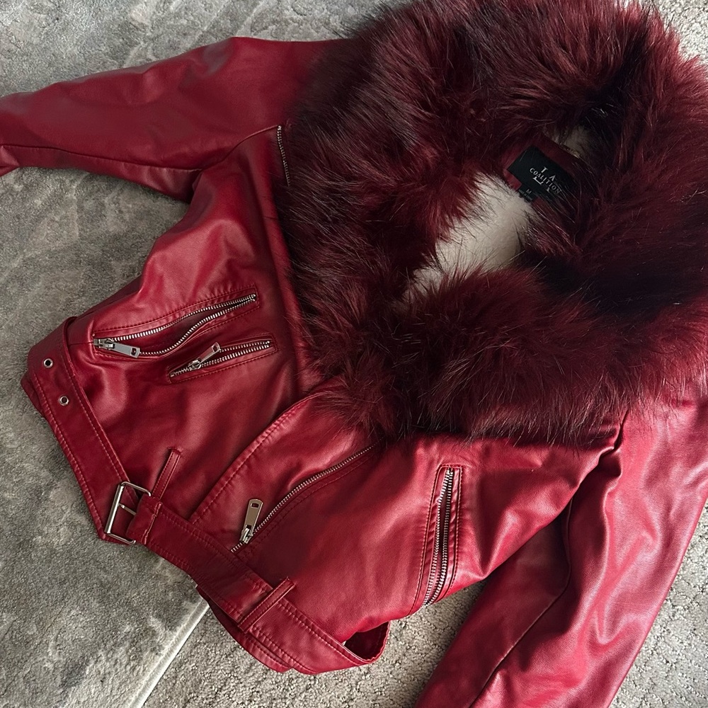 Very sexy motorcycle red jacket with removable fur collar. Size medium. Worn 2x.